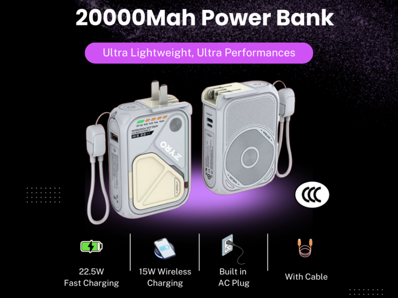 G47 Power Bank – 20000mAh Fast Charging with  AC  Plug  |   Wireless  Charging