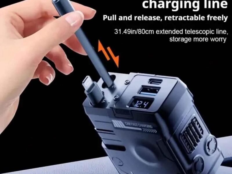 105W Retractable 4-in-1 Car Charger with Built-in Type-C & Lightning Cables | Fast Charging, Voltage Display