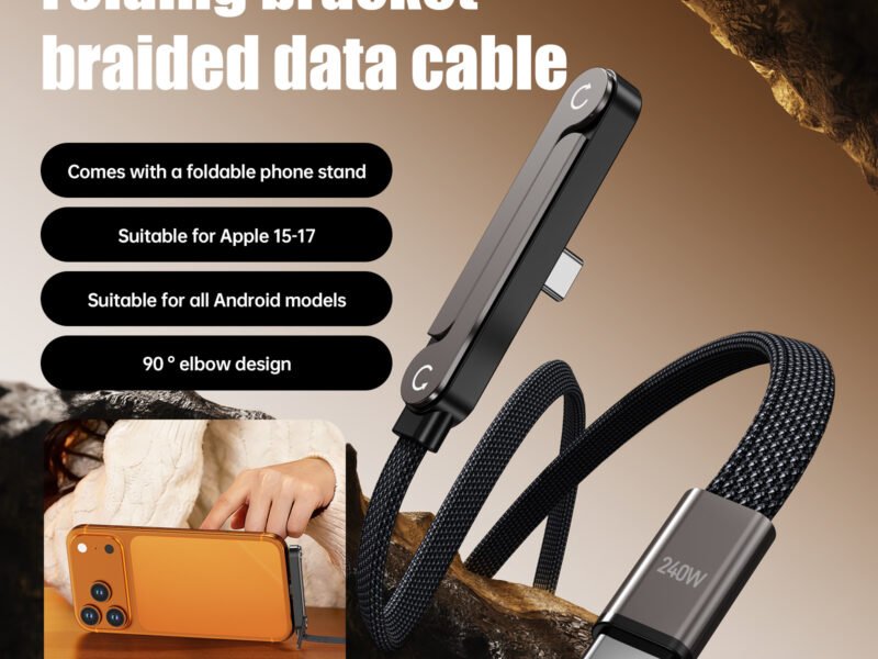240W USB-C Fast Charging Cable with Foldable Phone Stand — Braided Type-C to Type-C, 90° Elbow Design, Compatible with iPhone 15–17 & All Android Devices (1.5M, Black)