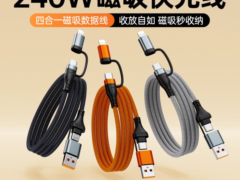 240W 4-in-1 Magnetic Fast Charging Cable — Lightning & USB-C, Self-Coiling, Heavy-Duty Braided, 1m (Black Color)