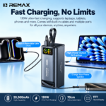 REMAX FP-111 20000mAh 130W Power Bank | 100W Type-C Fast Charging | 70cm Retractable Cable | TFT Digital Display - Image 3
